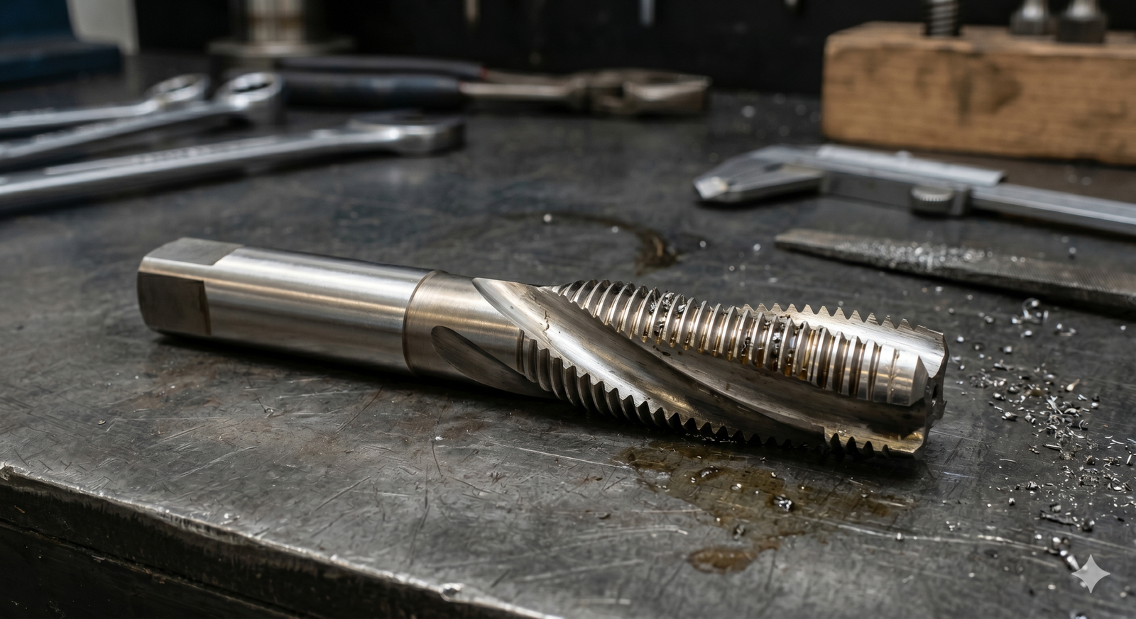 A close-up of a spiral flute tap showing the helical flutes